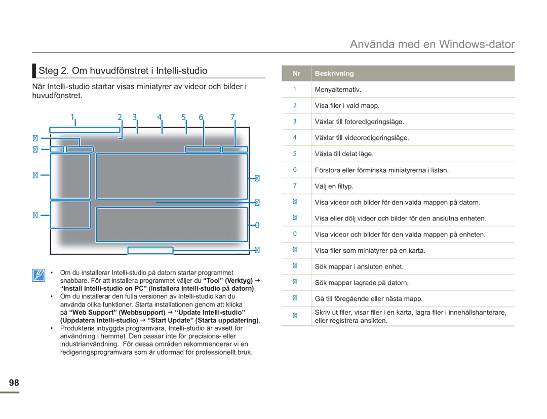 Samsung SMX-F50BP/EDC, SMX-F50RP/EDC, SMX-F50SP/EDC manual Steg 2. Om huvudfönstret i Intelli-studio, Nr Beskrivning 