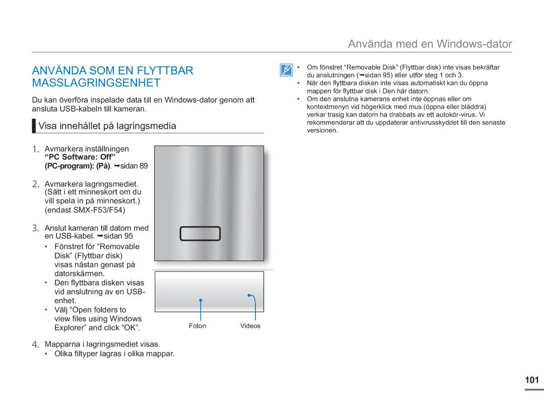 Samsung SMX-F50BP/EDC, SMX-F50RP/EDC manual Använda SOM EN Flyttbar Masslagringsenhet, Visa innehållet på lagringsmedia, 101 