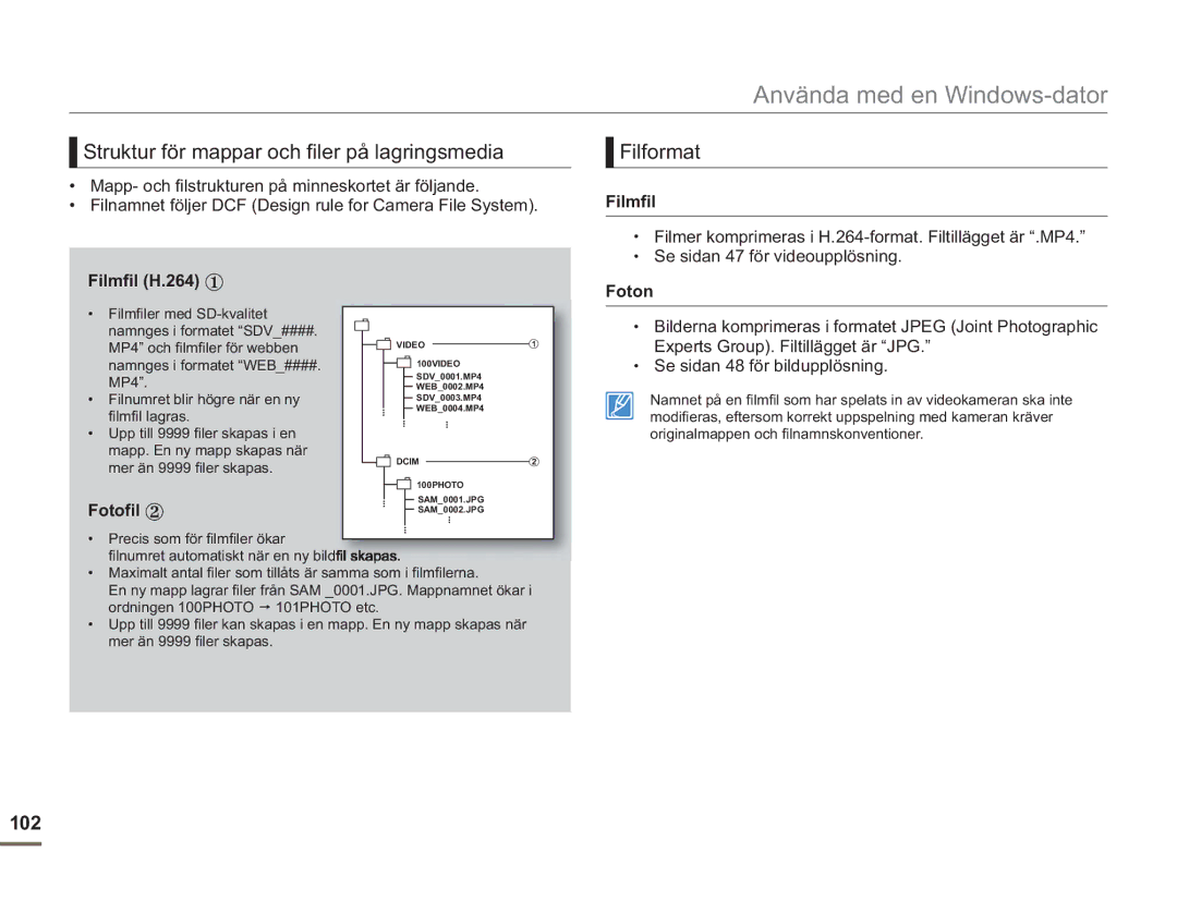 Samsung SMX-F50RP/EDC, SMX-F50BP/EDC, SMX-F50SP/EDC manual Struktur för mappar och filer på lagringsmedia, Filformat, 102 