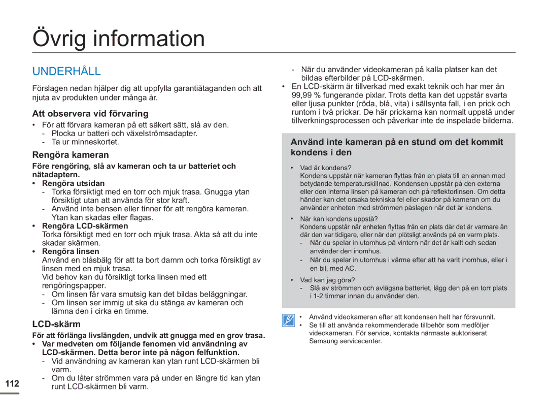 Samsung SMX-F50SP/EDC, SMX-F50BP/EDC, SMX-F50RP/EDC manual Övrig information, Underhåll 