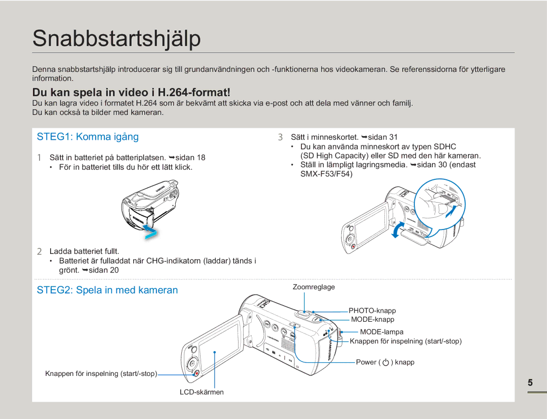 Samsung SMX-F50BP/EDC, SMX-F50RP/EDC, SMX-F50SP/EDC manual Snabbstartshjälp, Du kan spela in video i H.264-format 