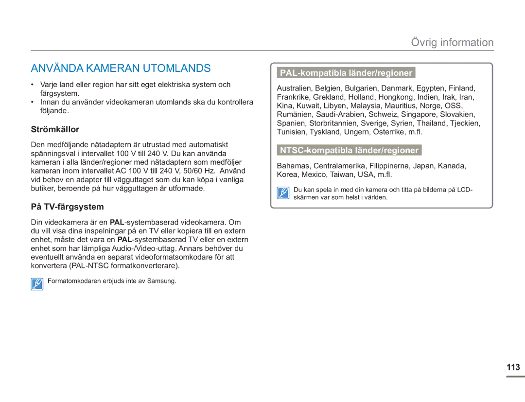 Samsung SMX-F50BP/EDC manual Använda Kameran Utomlands, PAL-kompatibla länder/regioner, NTSC-kompatibla länder/regioner 