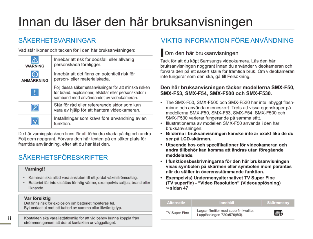 Samsung SMX-F50SP/EDC, SMX-F50BP/EDC Innan du läser den här bruksanvisningen, Säkerhetsvarningar, Säkerhetsföreskrifter 