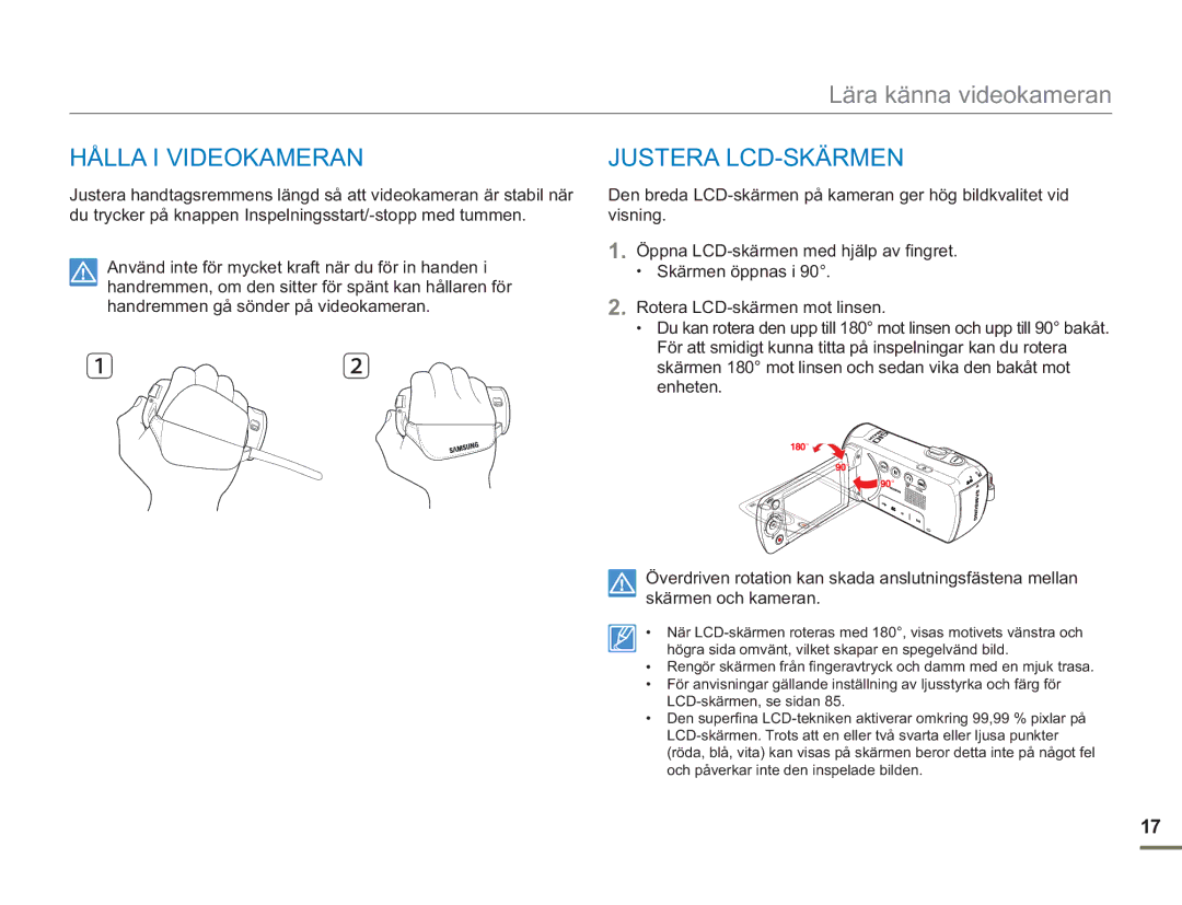 Samsung SMX-F50BP/EDC, SMX-F50RP/EDC, SMX-F50SP/EDC manual Hålla I Videokameran, Justera LCD-SKÄRMEN 