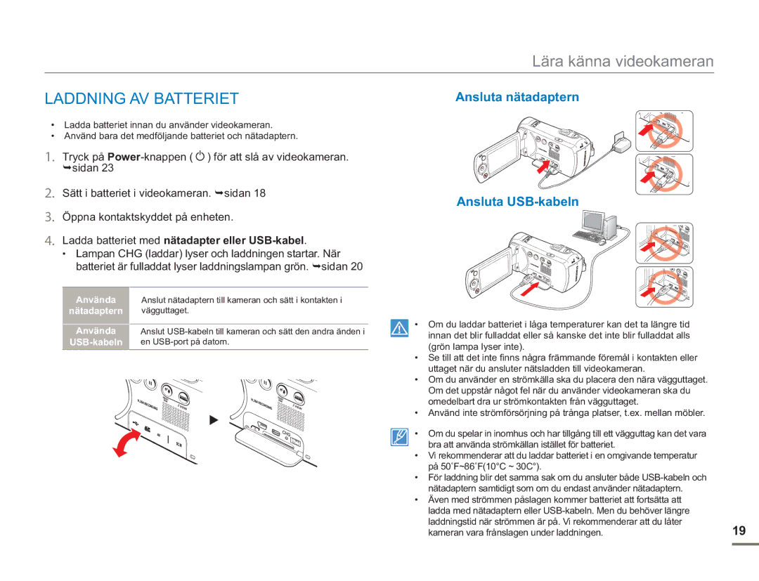 Samsung SMX-F50SP/EDC, SMX-F50BP/EDC manual Ladda batteriet med nätadapter eller USB-kabel, Använda, Nätadaptern, USB-kabeln 