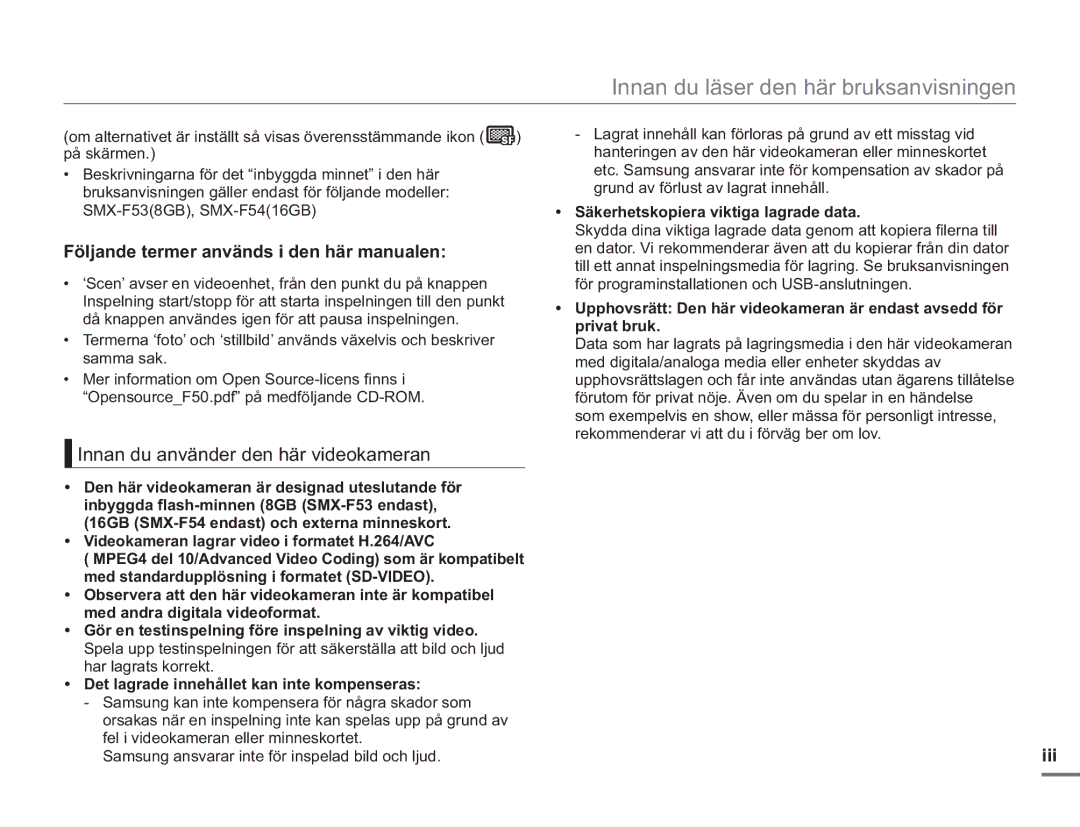 Samsung SMX-F50BP/EDC Följande termer används i den här manualen, Innan du använder den här videokameran, Iii 