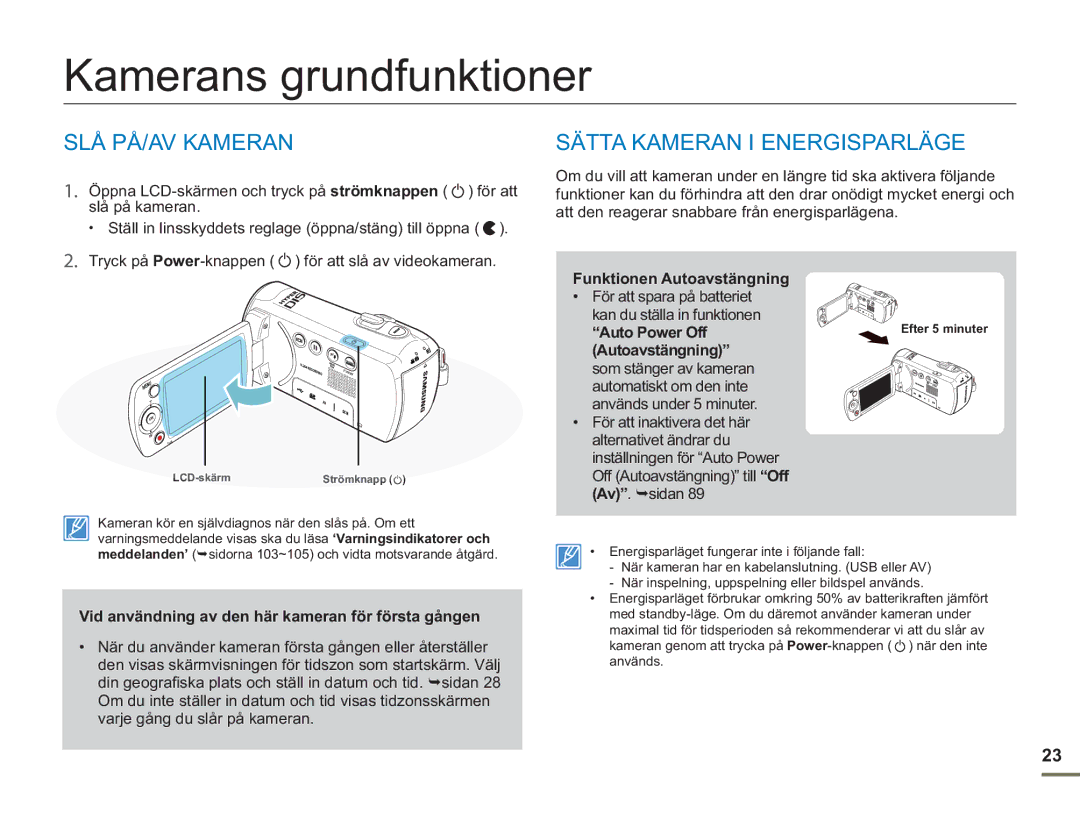 Samsung SMX-F50BP/EDC, SMX-F50RP/EDC manual Kamerans grundfunktioner, SLÅ PÅ/AV Kameran, Sätta Kameran I Energisparläge 