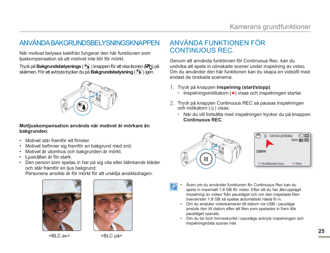 Samsung SMX-F50SP/EDC manual Användabakgrundsbelysningsknappen, Använda Funktionen FÖR Continuous REC, BLC av BLC på 