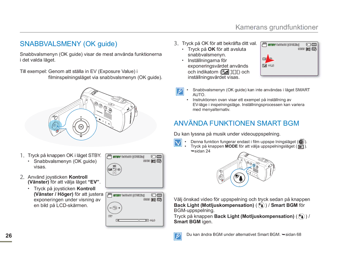 Samsung SMX-F50BP/EDC Snabbvalsmeny OK guide, Använda Funktionen Smart BGM, Du kan lyssna på musik under videouppspelning 