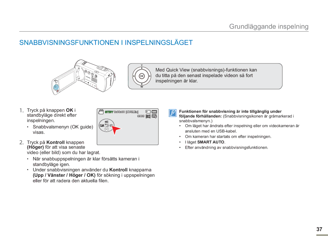 Samsung SMX-F50SP/EDC, SMX-F50BP/EDC, SMX-F50RP/EDC manual Snabbvisningsfunktionen I Inspelningsläget, Läget Smart Auto 