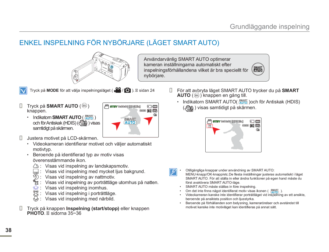 Samsung SMX-F50BP/EDC, SMX-F50RP/EDC, SMX-F50SP/EDC manual Enkel Inspelning FÖR Nybörjare Läget Smart Auto 