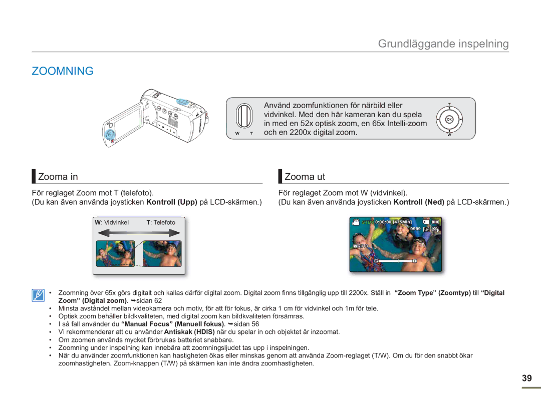 Samsung SMX-F50RP/EDC, SMX-F50BP/EDC, SMX-F50SP/EDC manual Zoomning, Zooma Zooma ut 