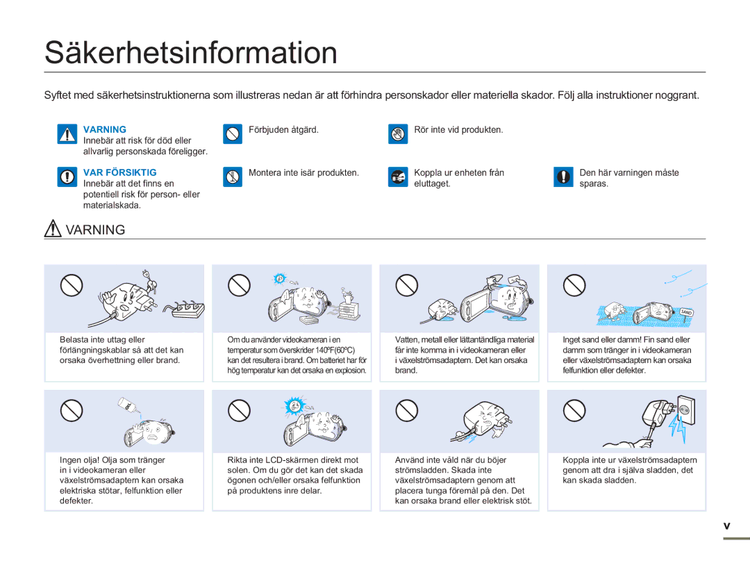 Samsung SMX-F50SP/EDC, SMX-F50BP/EDC, SMX-F50RP/EDC manual Säkerhetsinformation, Varning 