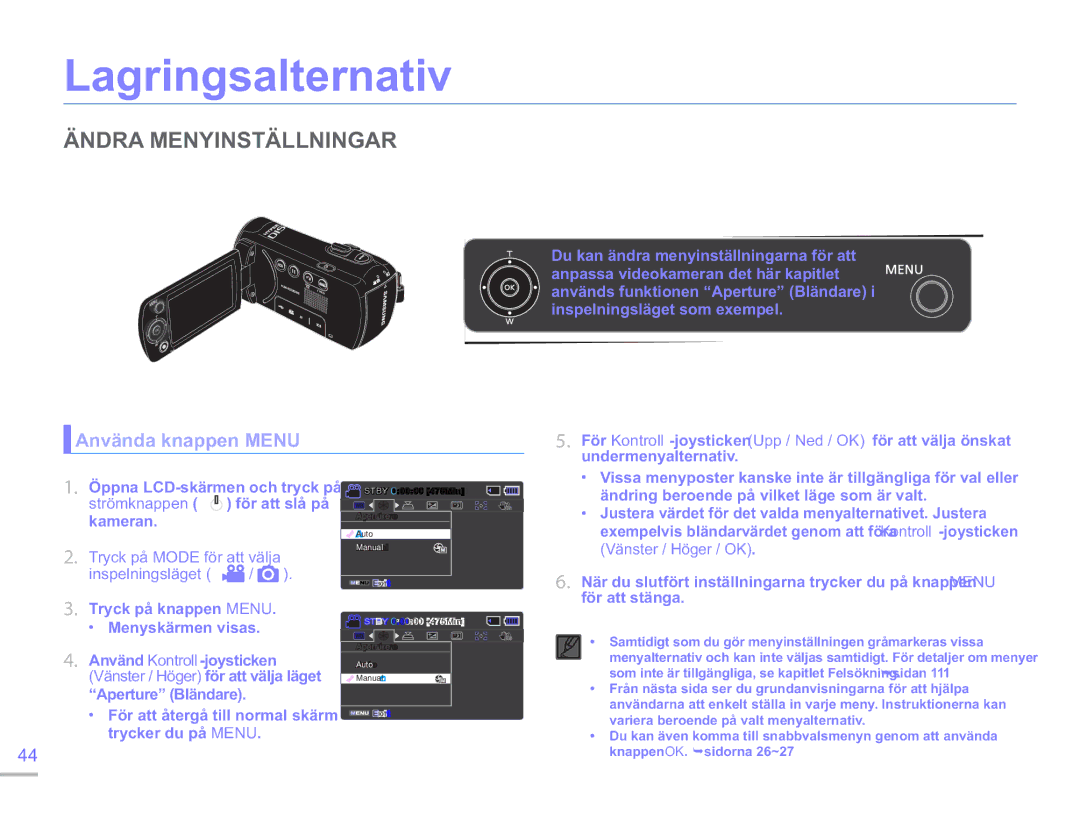 Samsung SMX-F50BP/EDC manual Lagringsalternativ, Ändra Menyinställningar, Använda knappen Menu, Vänster / Höger / OK 