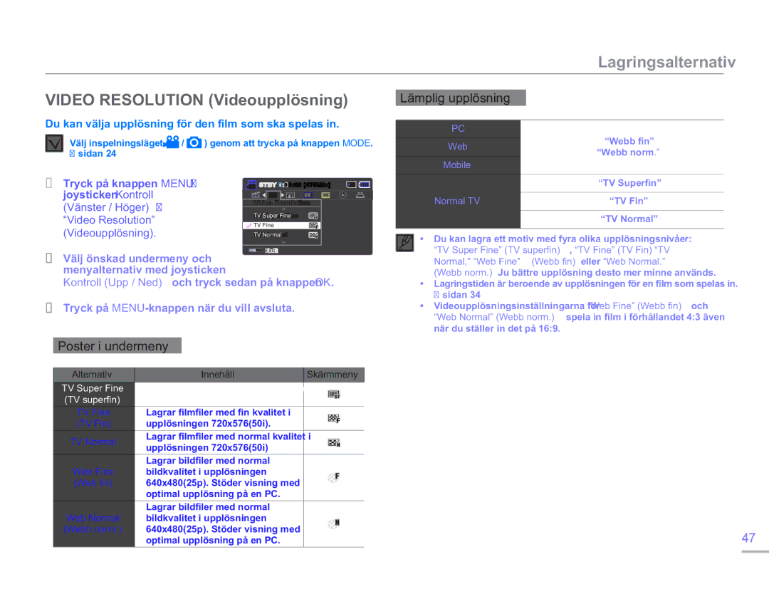 Samsung SMX-F50BP/EDC, SMX-F50RP/EDC, SMX-F50SP/EDC manual Video Resolution Videoupplösning, Lämplig upplösning 