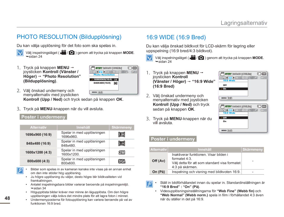 Samsung SMX-F50RP/EDC, SMX-F50BP/EDC manual Photo Resolution Bildupplösning, Wide 169 Bred, Välj önskad undermeny och 