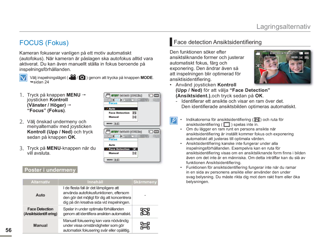 Samsung SMX-F50BP/EDC, SMX-F50RP/EDC manual Focus Fokus, Face detection Ansiktsidentifiering, Använd joysticken Kontroll 