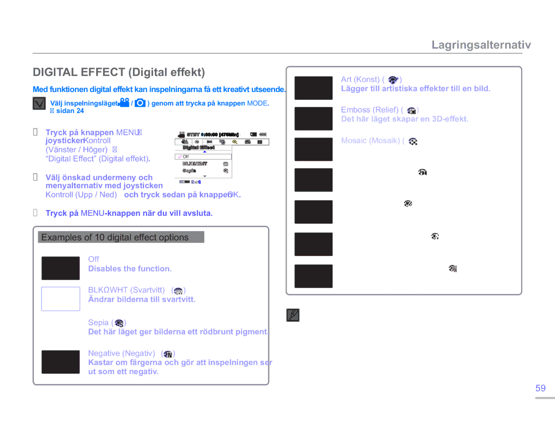 Samsung SMX-F50BP/EDC, SMX-F50RP/EDC, SMX-F50SP/EDC Digital Effect Digital effekt, Examples of 10 digital effect options 