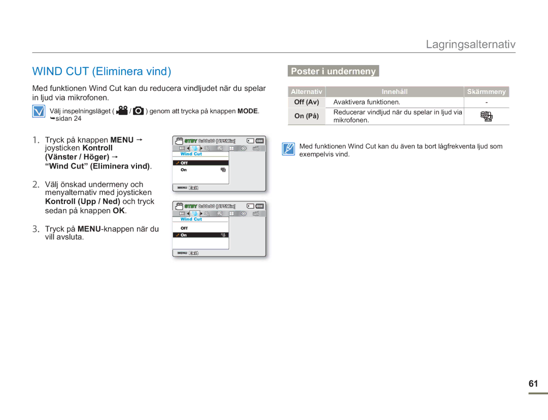 Samsung SMX-F50SP/EDC, SMX-F50BP/EDC, SMX-F50RP/EDC manual Wind CUT Eliminera vind, Alternativ Innehåll Skärmmeny 