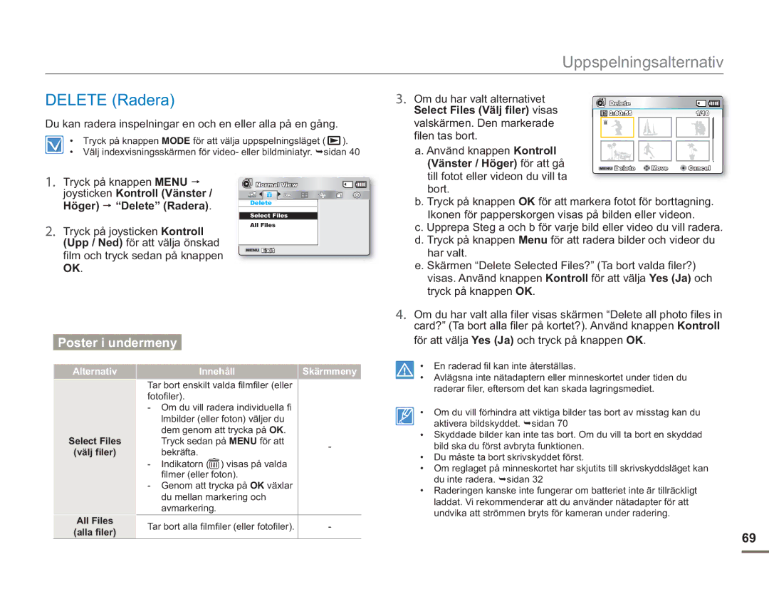 Samsung SMX-F50RP/EDC, SMX-F50BP/EDC manual Delete Radera, Select Files Välj filer visas, Vänster / Höger för att gå 