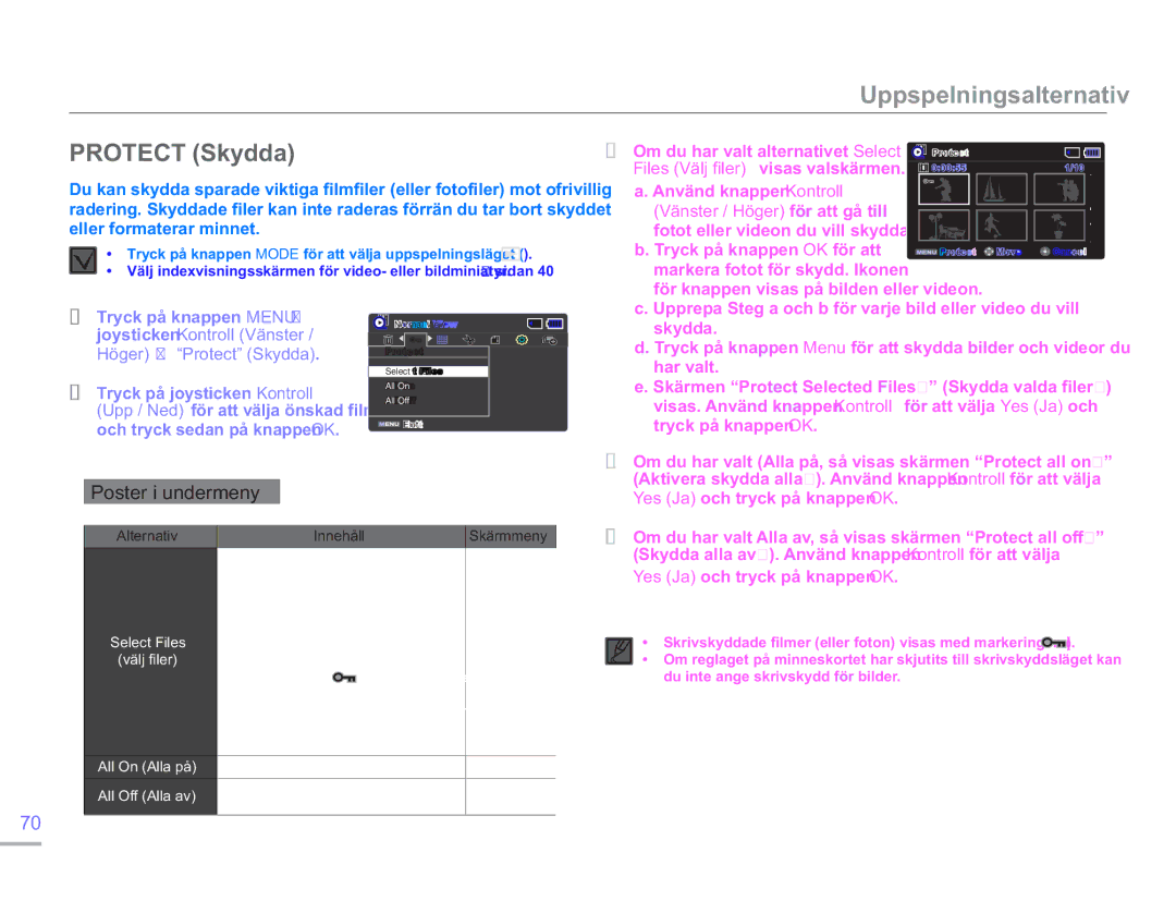 Samsung SMX-F50SP/EDC manual Protect Skydda, För knappen visas på bilden eller videon, Yes Ja och tryck på knappen OK 