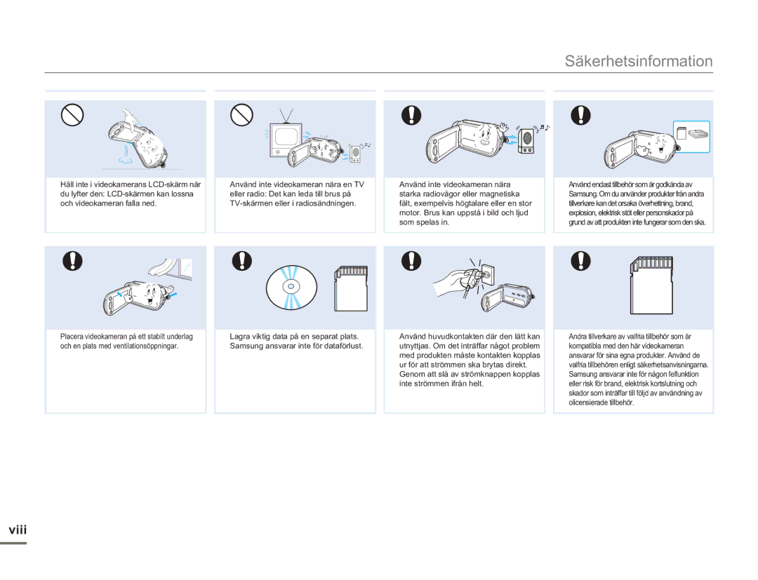 Samsung SMX-F50SP/EDC, SMX-F50BP/EDC, SMX-F50RP/EDC manual Viii 