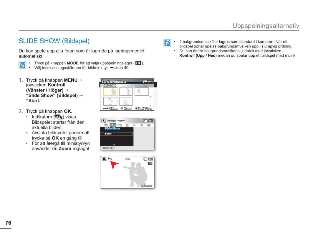 Samsung SMX-F50SP/EDC, SMX-F50BP/EDC, SMX-F50RP/EDC manual Slide Show Bildspel, Start 