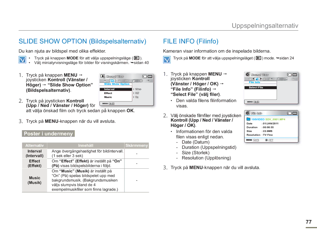 Samsung SMX-F50BP/EDC, SMX-F50RP/EDC, SMX-F50SP/EDC manual Slide Show Option Bildspelsalternativ, File Info Filinfo 