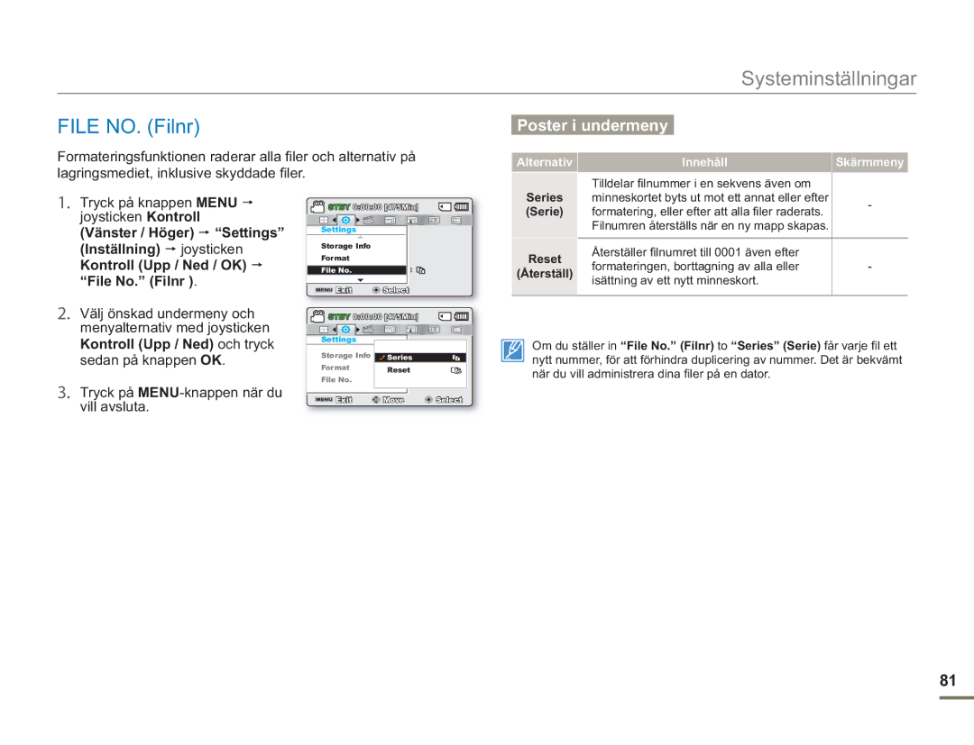 Samsung SMX-F50RP/EDC, SMX-F50BP/EDC manual File NO. Filnr, Formateringsfunktionen raderar alla filer och alternativ på 