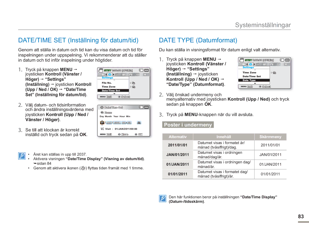 Samsung SMX-F50BP/EDC, SMX-F50RP/EDC manual DATE/TIME SET Inställning för datum/tid, Date Type Datumformat, Höger Settings 