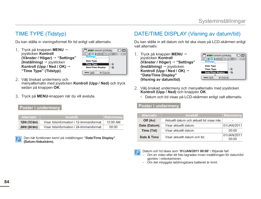 Samsung SMX-F50RP/EDC manual Time Type Tidstyp, DATE/TIME Display Visning av datum/tid, Valt alternativ, Date/Time Display 