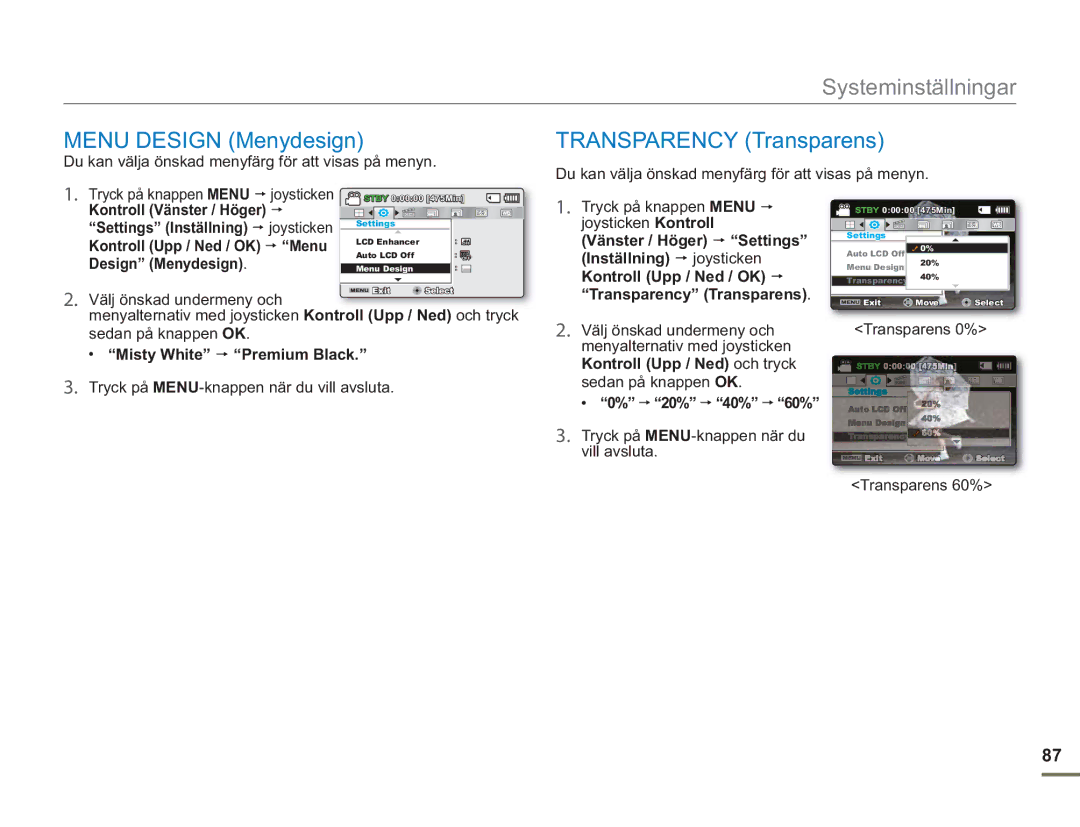 Samsung SMX-F50RP/EDC manual Menu Design Menydesign Transparency Transparens, Misty White Premium Black, 20% 40% 60% 