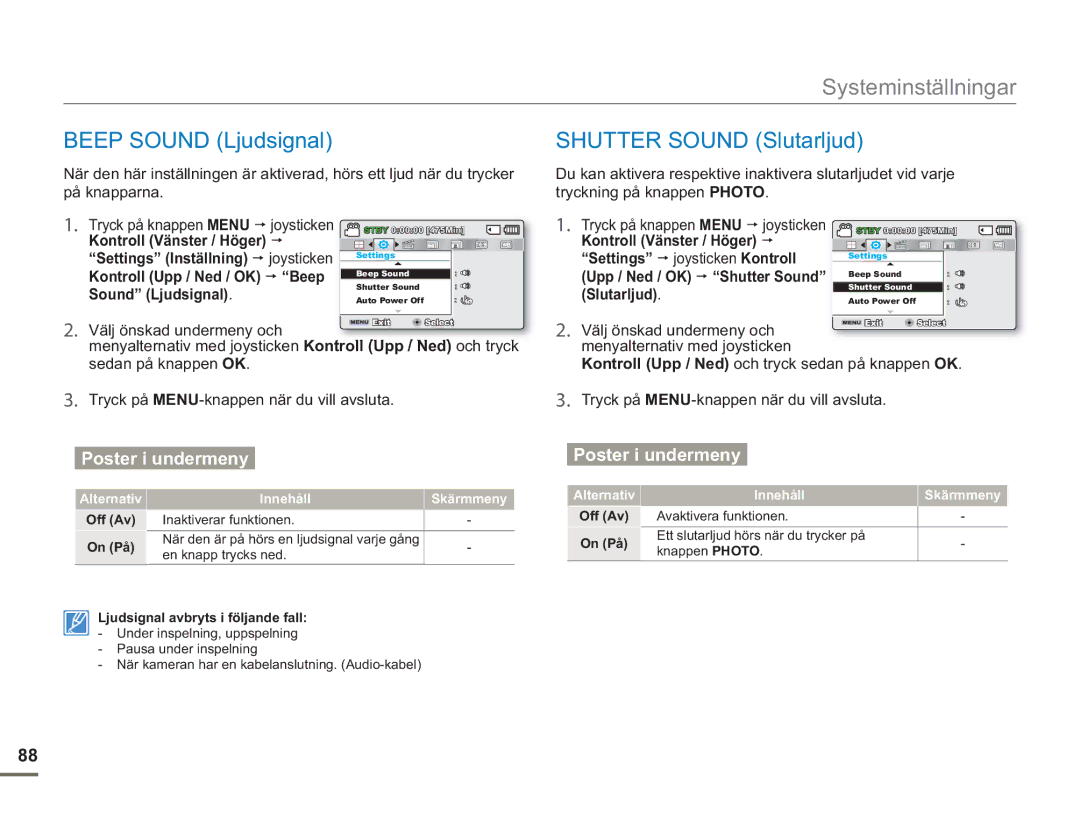 Samsung SMX-F50SP/EDC, SMX-F50BP/EDC, SMX-F50RP/EDC manual Beep Sound Ljudsignal, Shutter Sound Slutarljud 