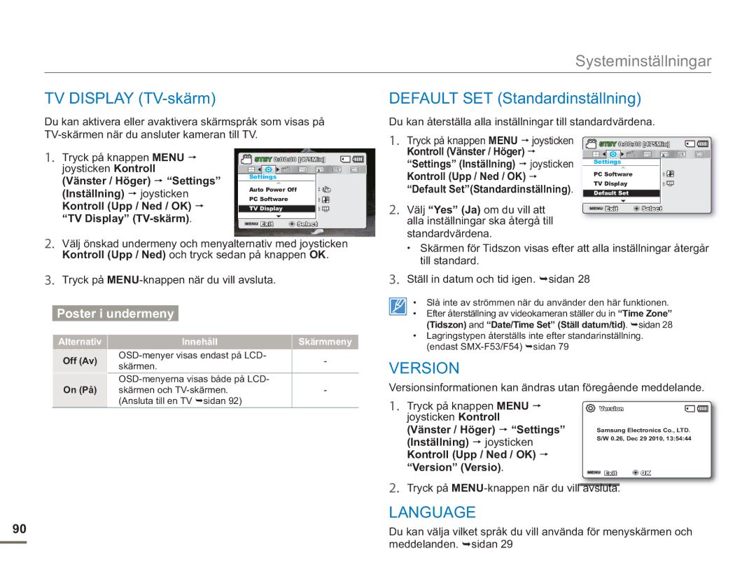 Samsung SMX-F50RP/EDC, SMX-F50BP/EDC, SMX-F50SP/EDC TV Display TV-skärm, Default SET Standardinställning, Version, Language 