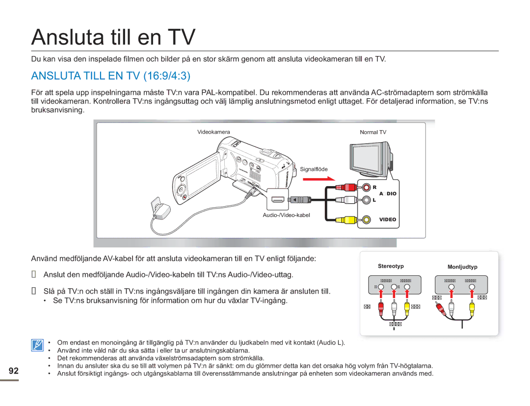 Samsung SMX-F50BP/EDC, SMX-F50RP/EDC, SMX-F50SP/EDC manual Ansluta till en TV, Ansluta Till EN TV 169/43 