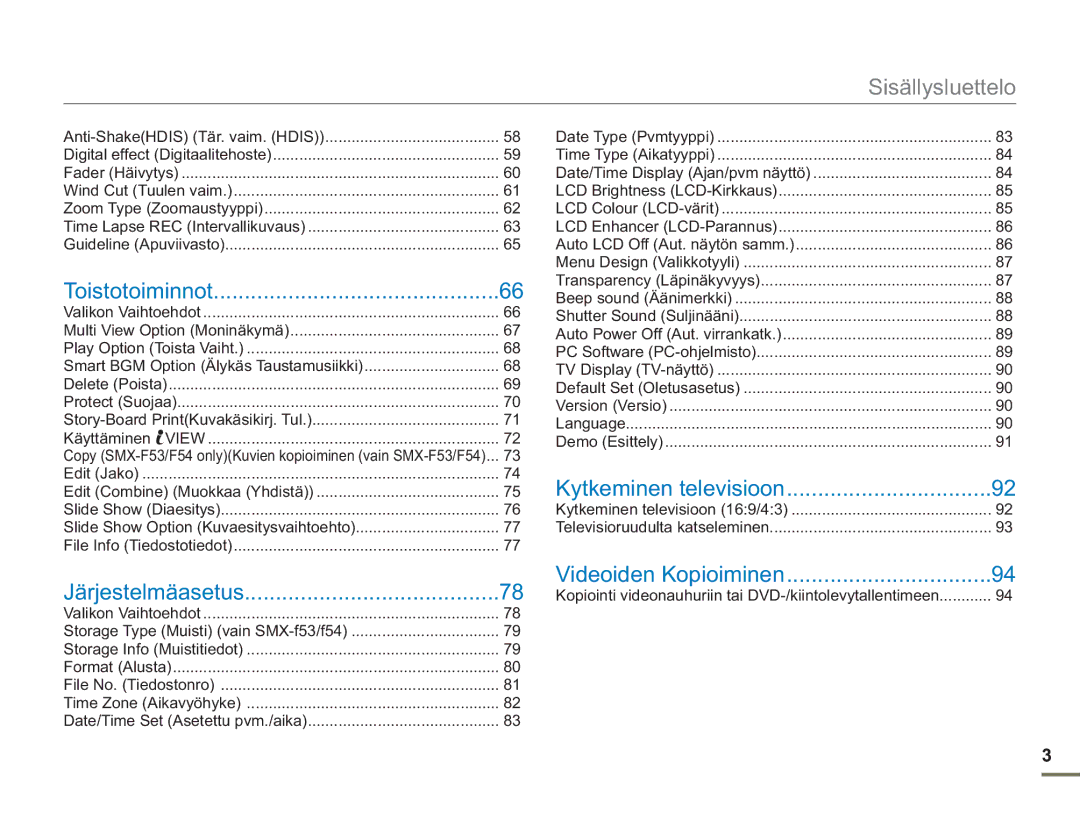 Samsung SMX-F50RP/EDC, SMX-F50BP/EDC, SMX-F50SP/EDC manual Sisällysluettelo 