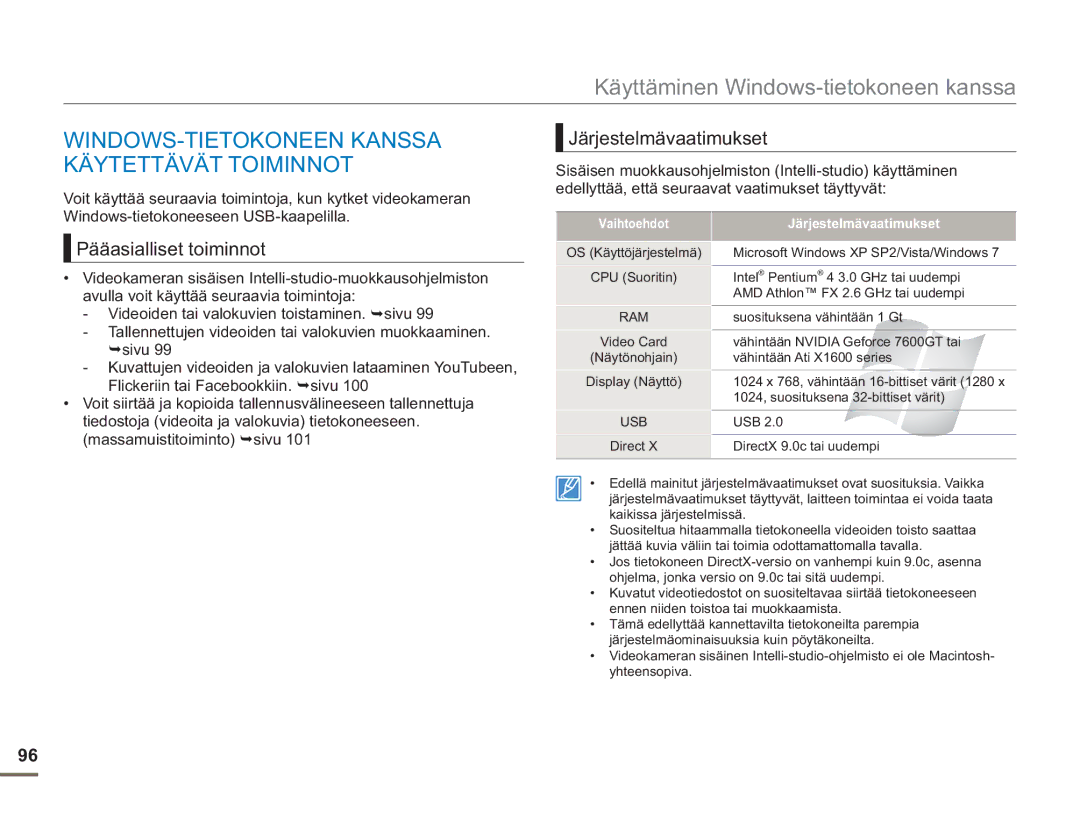 Samsung SMX-F50RP/EDC WINDOWS-TIETOKONEEN Kanssa Käytettävät Toiminnot, Pääasialliset toiminnot, Järjestelmävaatimukset 