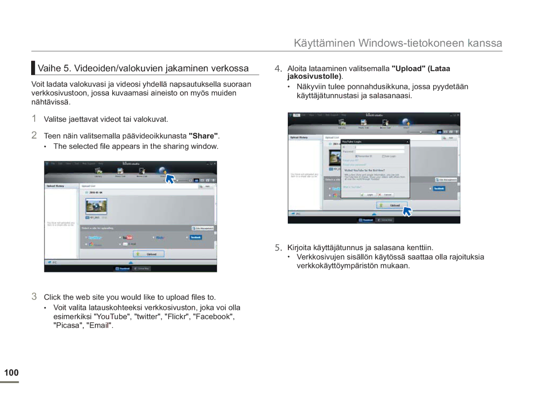 Samsung SMX-F50SP/EDC, SMX-F50BP/EDC, SMX-F50RP/EDC manual Vaihe 5. Videoiden/valokuvien jakaminen verkossa, 100 