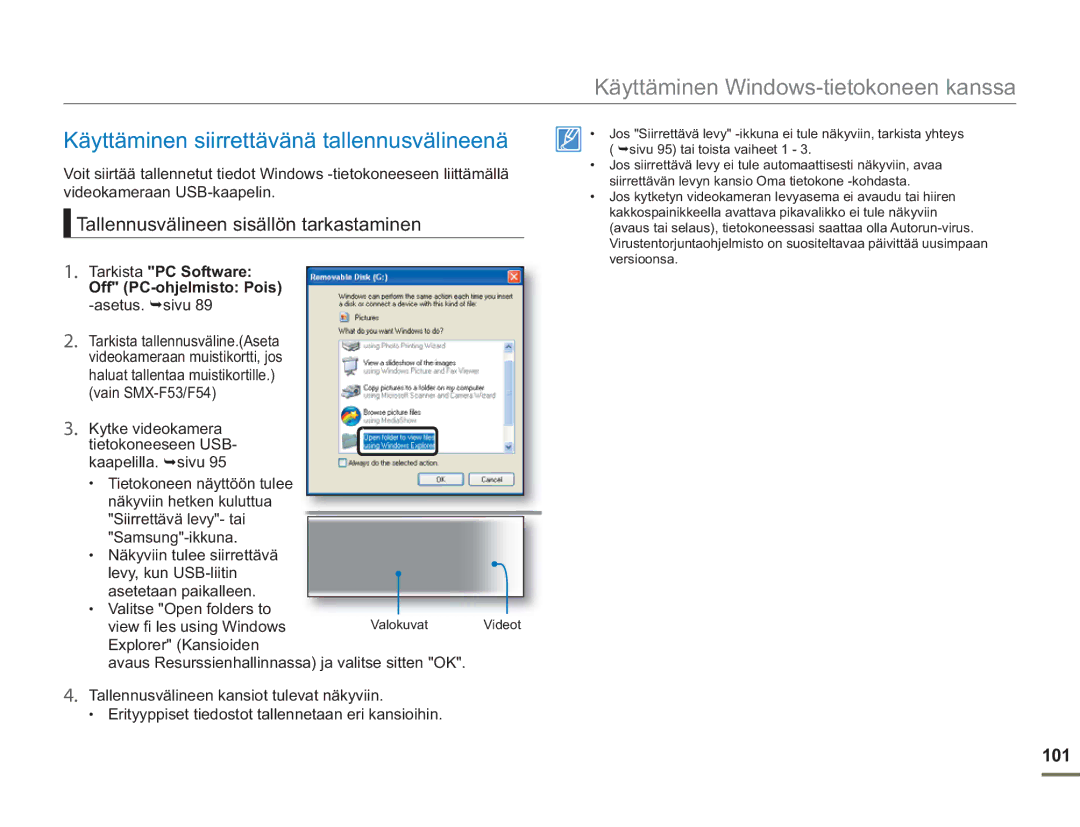 Samsung SMX-F50BP/EDC manual Käyttäminen siirrettävänä tallennusvälineenä, Tallennusvälineen sisällön tarkastaminen, 101 