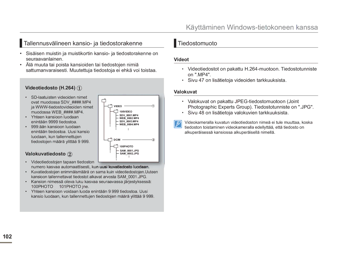 Samsung SMX-F50RP/EDC, SMX-F50BP/EDC, SMX-F50SP/EDC manual Tallennusvälineen kansio- ja tiedostorakenne, Tiedostomuoto, 102 