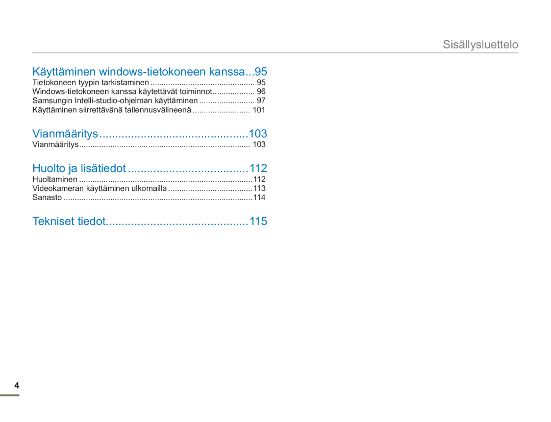 Samsung SMX-F50SP/EDC, SMX-F50BP/EDC, SMX-F50RP/EDC manual Käyttäminen windows-tietokoneen kanssa...95, 103, 112, 115 