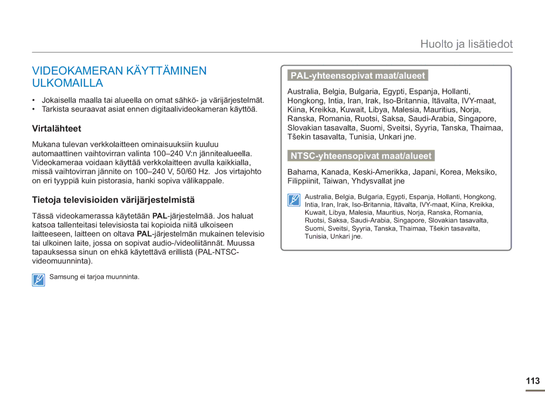 Samsung SMX-F50BP/EDC Videokameran Käyttäminen Ulkomailla, PAL-yhteensopivat maat/alueet, NTSC-yhteensopivat maat/alueet 