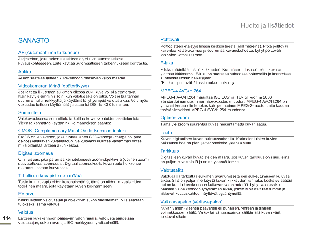 Samsung SMX-F50RP/EDC, SMX-F50BP/EDC, SMX-F50SP/EDC manual Sanasto, AF Automaattinen tarkennus 