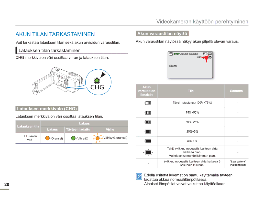 Samsung SMX-F50BP/EDC, SMX-F50RP/EDC manual Akun Tilan Tarkastaminen, Akun varaustilan näyttö, Latauksen tilan tarkastaminen 