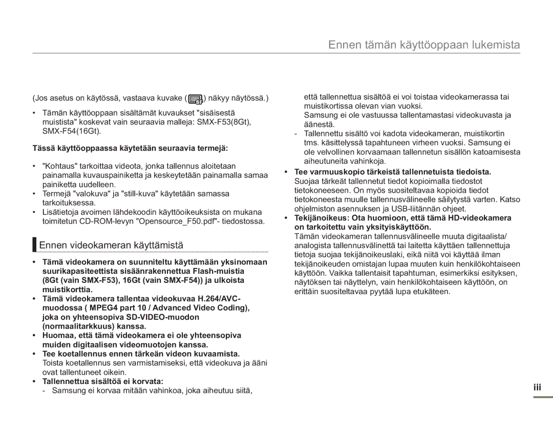 Samsung SMX-F50BP/EDC, SMX-F50RP/EDC Ennen videokameran käyttämistä, Iii, Tässä käyttöoppaassa käytetään seuraavia termejä 