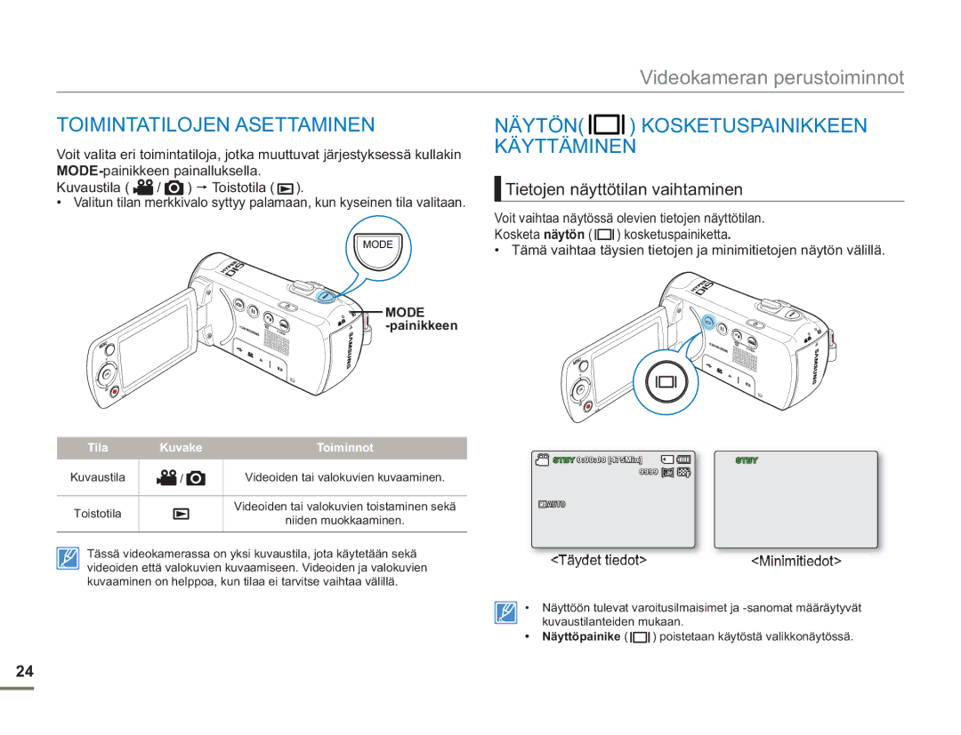 Samsung SMX-F50RP/EDC Toimintatilojen Asettaminen, Näytön Kosketuspainikkeen Käyttäminen, Tietojen näyttötilan vaihtaminen 