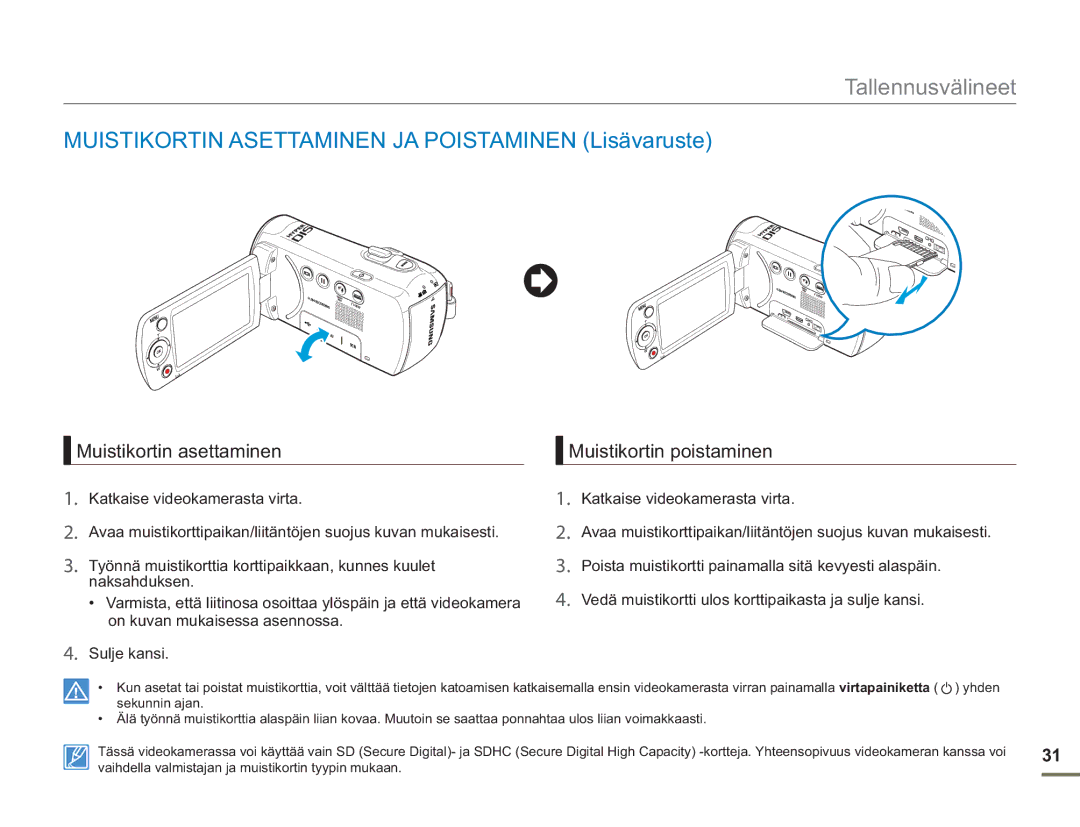 Samsung SMX-F50SP/EDC, SMX-F50BP/EDC manual Muistikortin Asettaminen JA Poistaminen Lisävaruste, Muistikortin asettaminen 