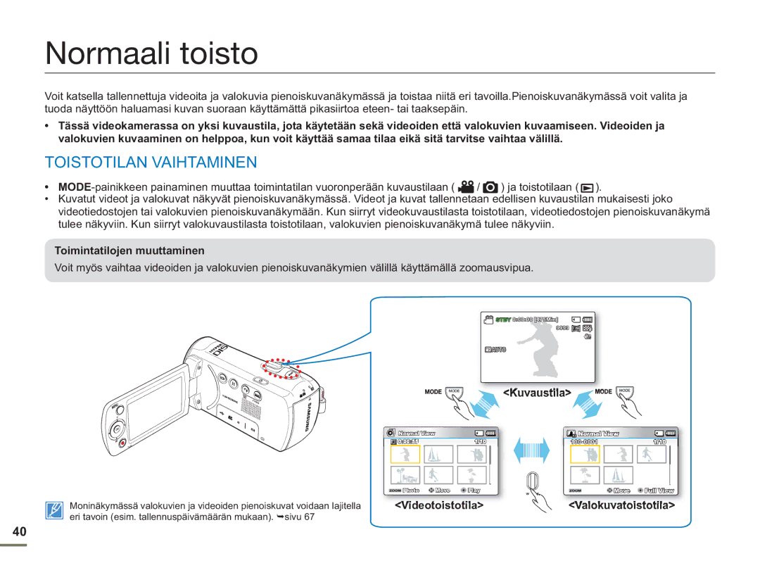 Samsung SMX-F50SP/EDC Normaali toisto, Toistotilan Vaihtaminen, Toimintatilojen muuttaminen, Kuvaustila, Videotoistotila 