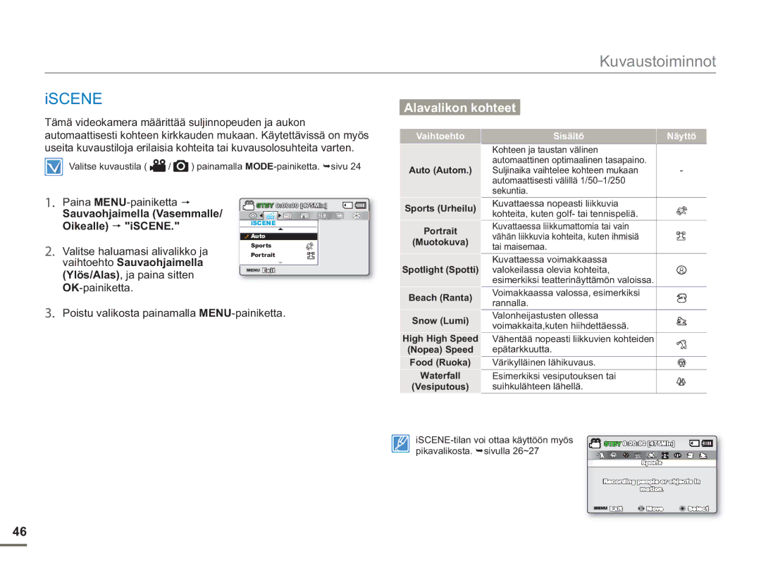 Samsung SMX-F50SP/EDC, SMX-F50BP/EDC, SMX-F50RP/EDC manual Iscene, Vaihtoehto, Auto Autom, Sisältö Näyttö 