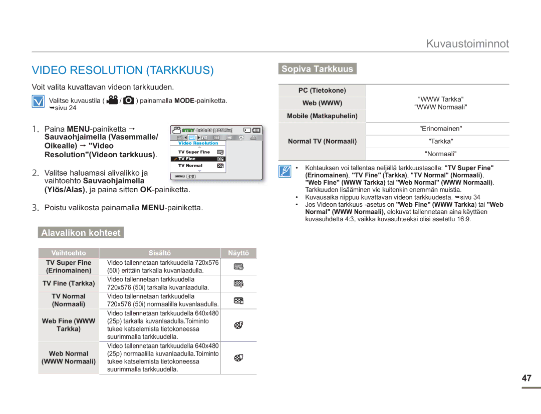 Samsung SMX-F50BP/EDC, SMX-F50RP/EDC, SMX-F50SP/EDC manual Video Resolution Tarkkuus, Sopiva Tarkkuus 